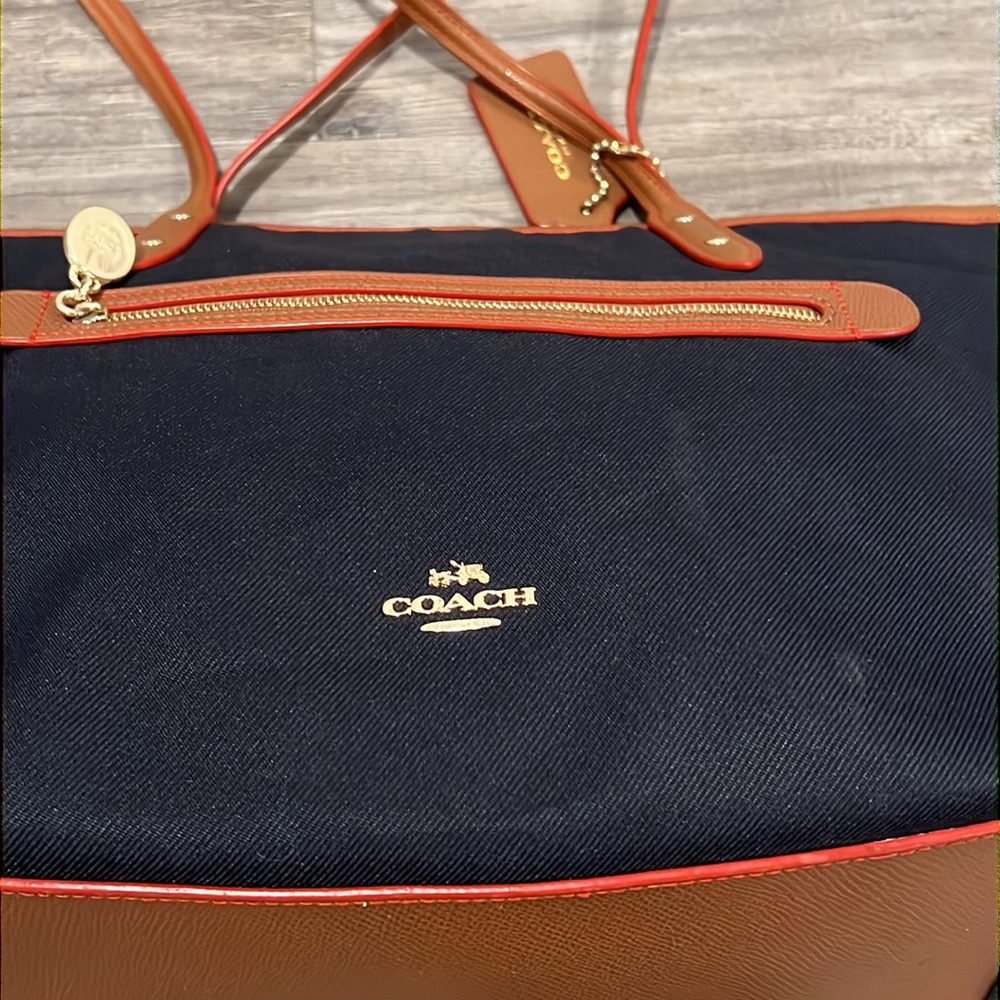 Coach Navy and Brown Tote Bag - Classic Leather-Trim Shoulder Tote - Picture 7 of 15